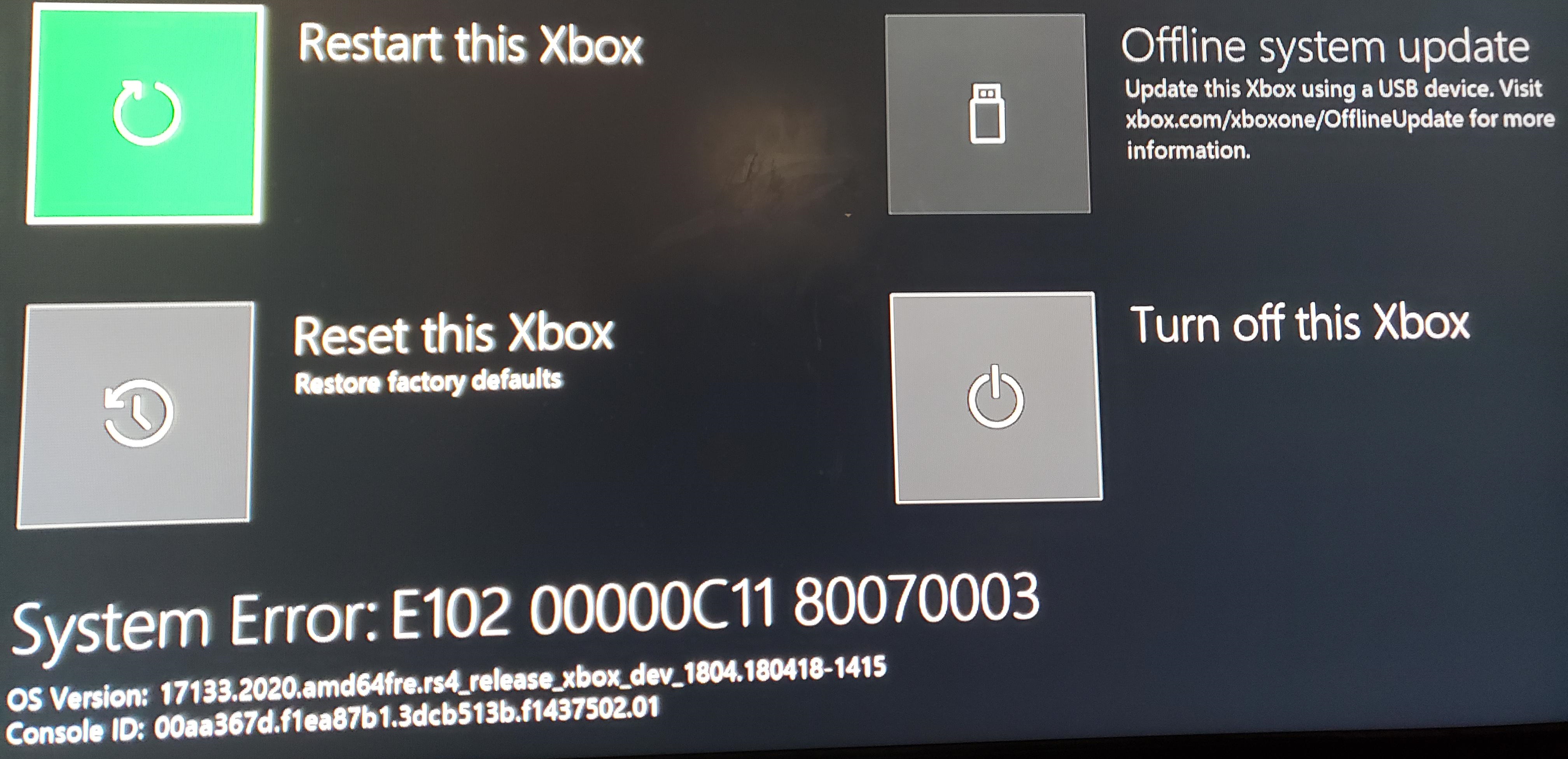Xbox One System Error E102