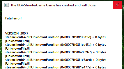 the ue4-shootergame game has crashed and will close