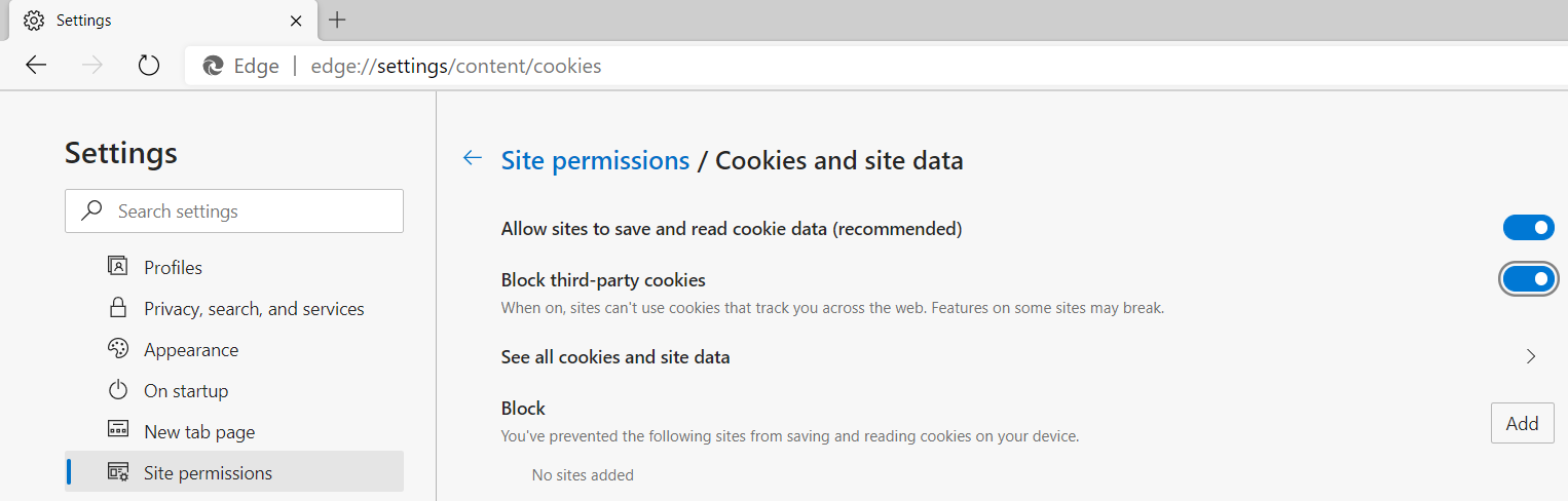 Site Permissions Cookies and Site Data