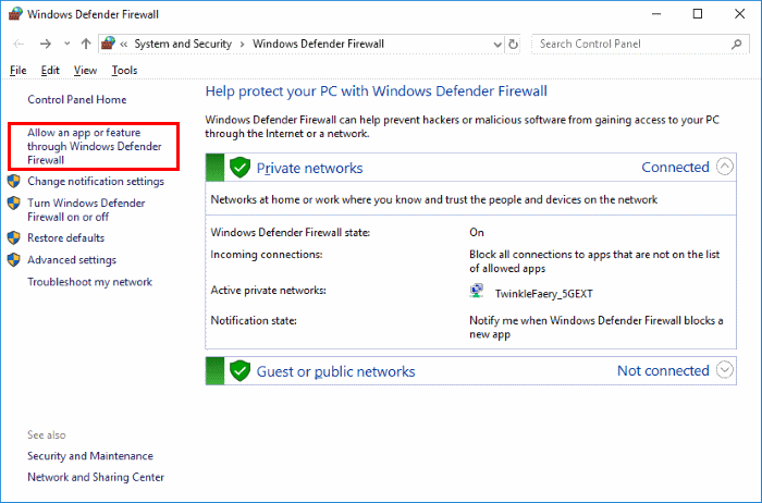 Allow an app or feature through the Windows Defender Firewall